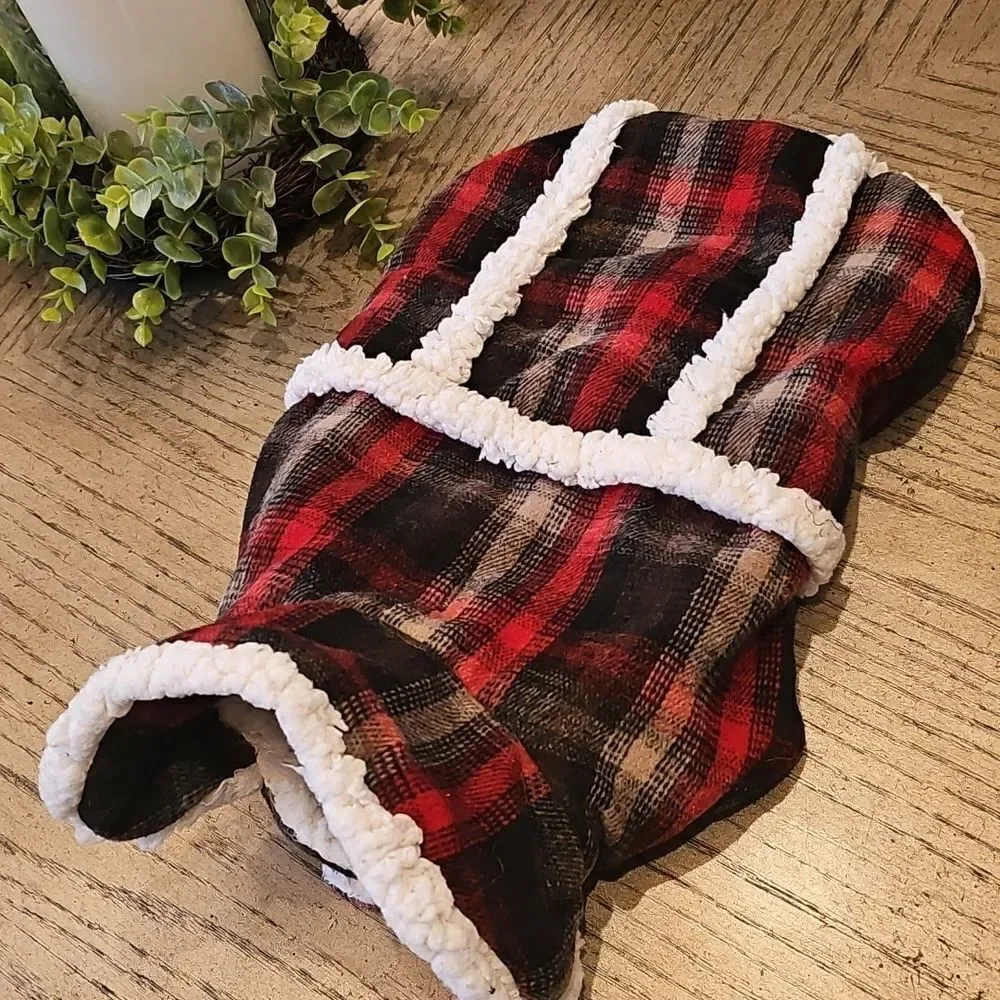 Plaid Dog Jacket with Sherpa Trim Size M